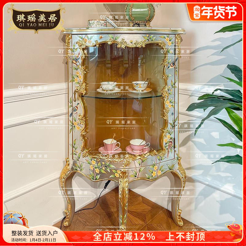 法式别墅墙角装饰柜古典银箔手绘酒柜实木玻璃展示矮柜收藏陈列柜