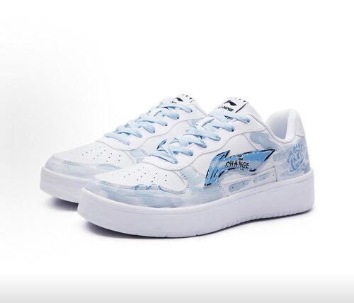 定制球鞋LiNing李宁浮舟 美式涂鸦 复古做旧休闲百搭低帮板鞋白蓝