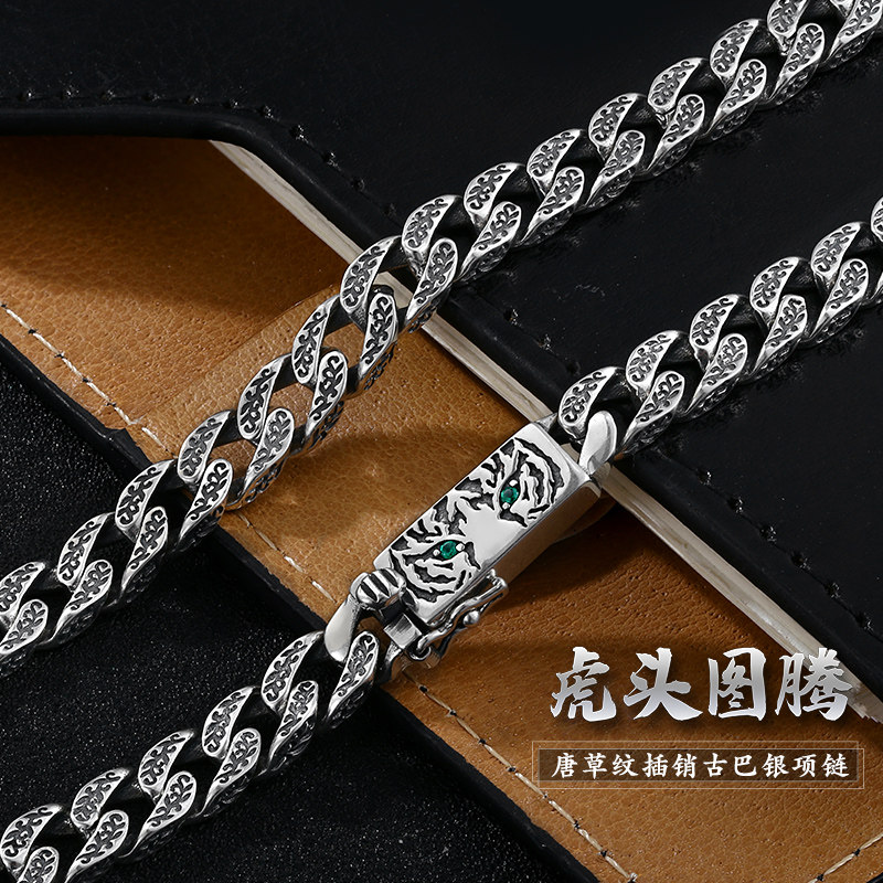 属虎本命年创意虎头图腾插销唐草纹古巴项链纯银男士欧美个性银饰
