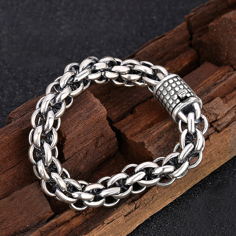 镂心银饰 男士纯银手链手工个性霸气手链 925银复古泰银粗款手链