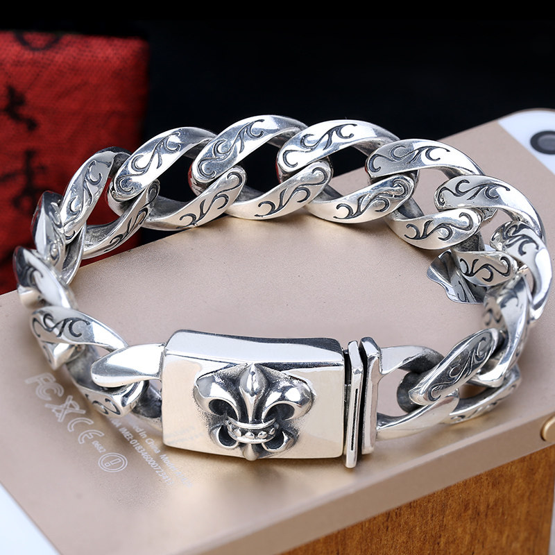 镂心银饰925纯银男士手链泰银复古插销个性银男手链潮人嘻哈韩版