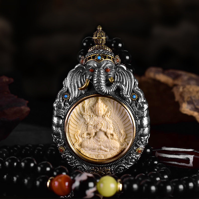 象神十二生肖本命佛吊坠纯银蜜蜡南红黑曜石套链男士复古男女同款