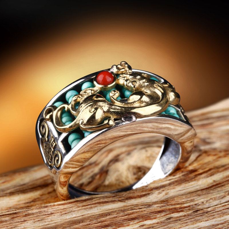 高档银饰貔貅算盘戒指纯银松石南红日进斗金潮男个性复古时尚男士