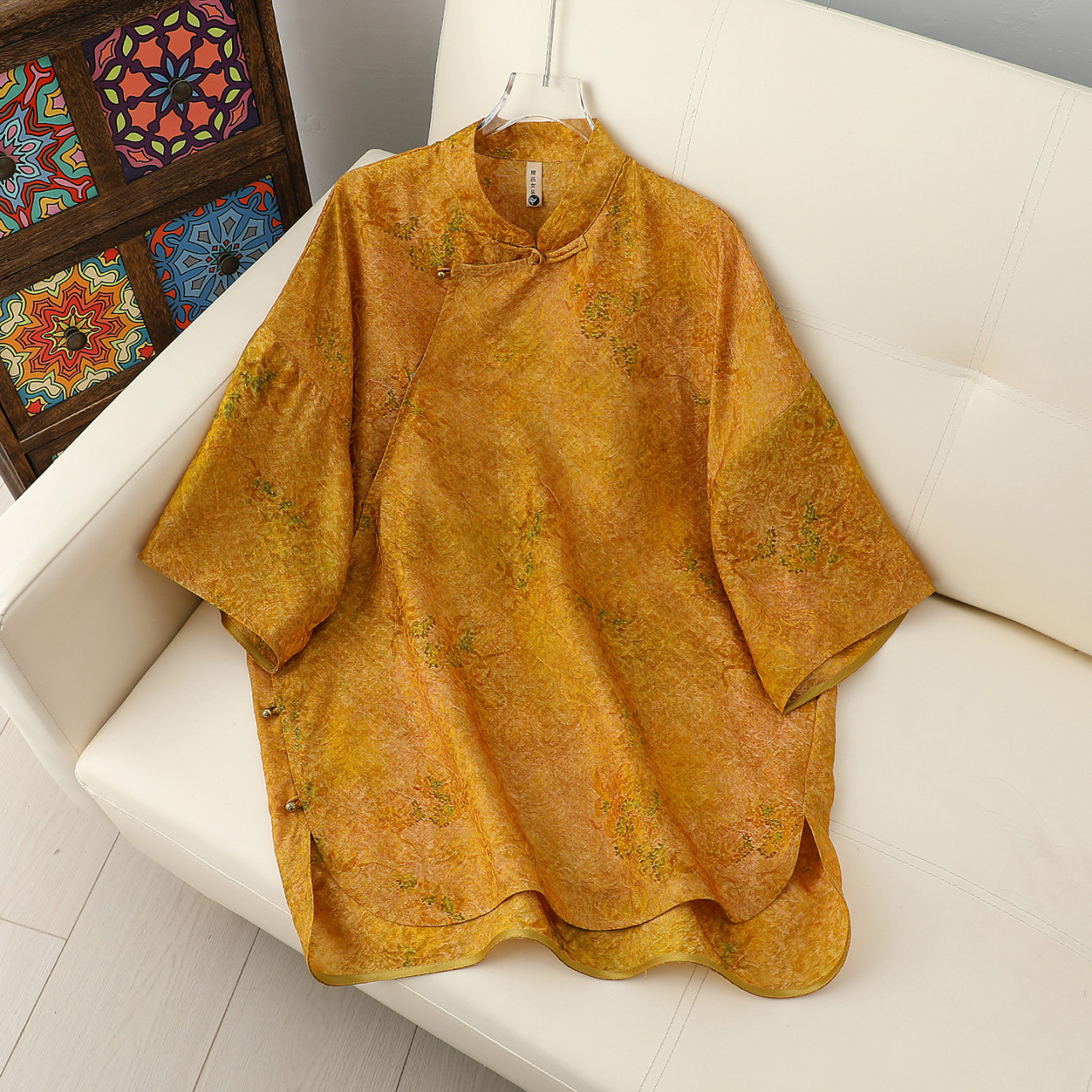 新中式国风复古女装立领斜襟五分袖黄色复古轻奢宽松显瘦气质上衣