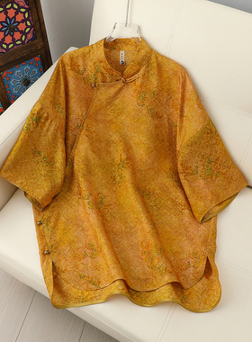 新中式国风复古女装立领斜襟五分袖黄色复古轻奢宽松显瘦气质上衣