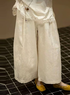 新中式国风人丝提花松紧腰阔腿裤女宽松显瘦慵懒松弛感八分休闲裤