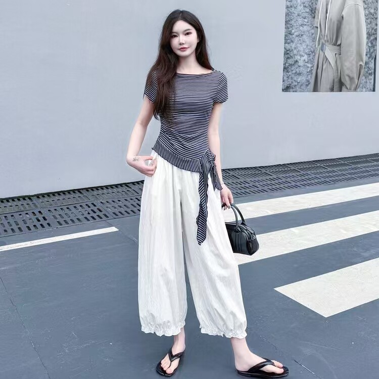 2026高级感条纹露肩短袖T恤女7分灯笼裤两件套夏修身显瘦时尚套装