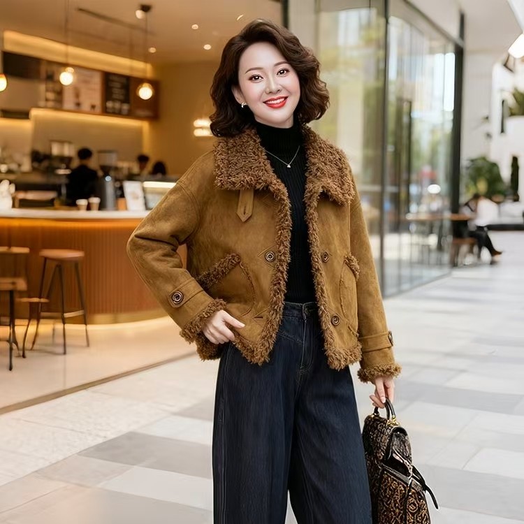 复古时尚羊羔毛皮毛一体外套女2025冬季高级感休闲气质鹿皮绒棉服