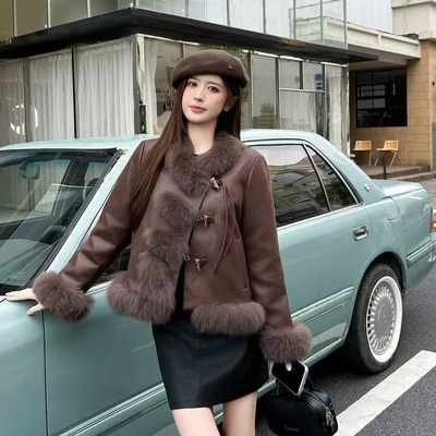 狐狸毛鹿皮绒皮草短款派克服时尚