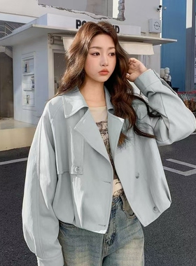 高端皮衣翻领气质短款蛋白皮外套女春2026新款柔软蓝色机车上衣女