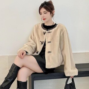 海宁皮草2025新款 洋气高级感圆领外套女宽松显瘦皮毛一体 春秋时尚