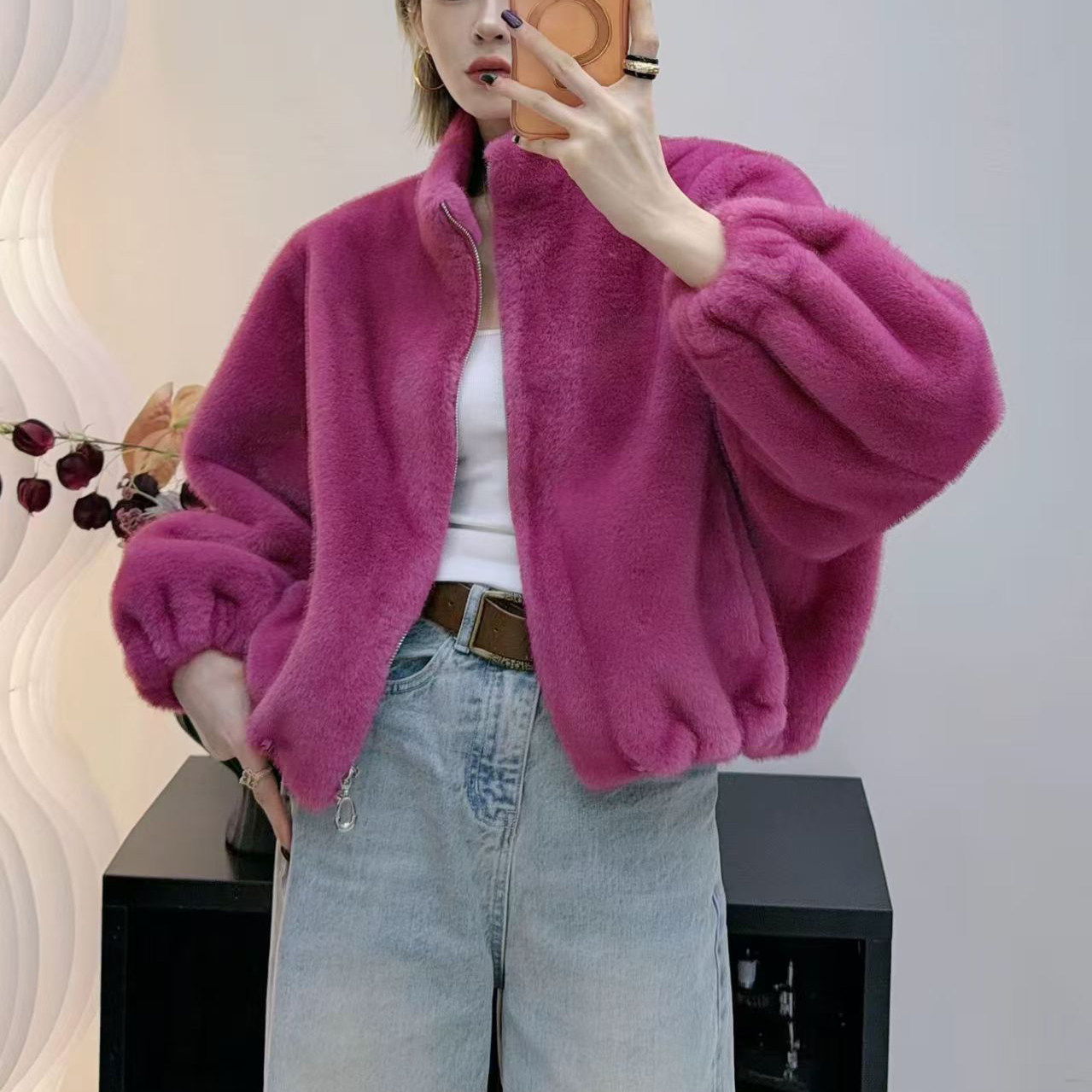 海宁环保水貂绒皮草外套女冬季新款时尚轻奢皮毛一体立领短款大衣