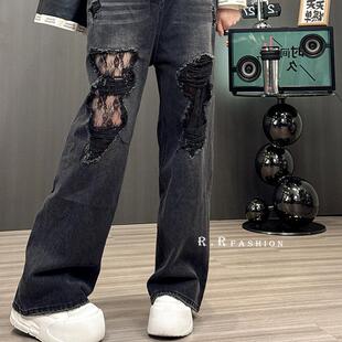 【现货】牛仔裤女2025春季新款蕾丝拼接破洞高腰长裤时尚百搭裤子