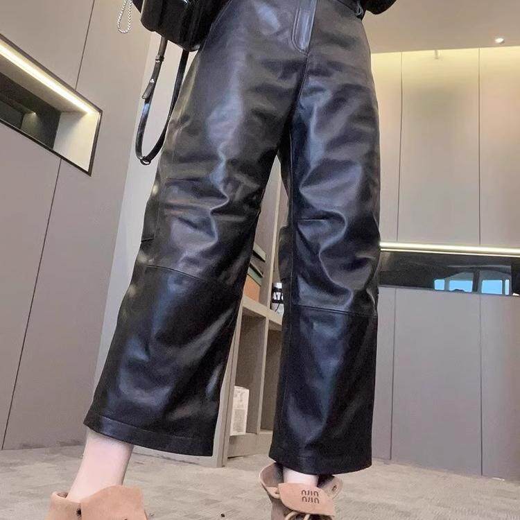 皮裤女2024秋季新款纯色直筒裤高腰八分裤简约百搭长裤时尚裤子