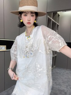 连衣裙女2024夏季 短袖 新款 fashion 国风网纱拼接重工刺绣裙子