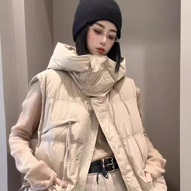 系带收腰中长款90白鸭绒羽绒马甲女2026秋冬新款大口袋保暖外搭