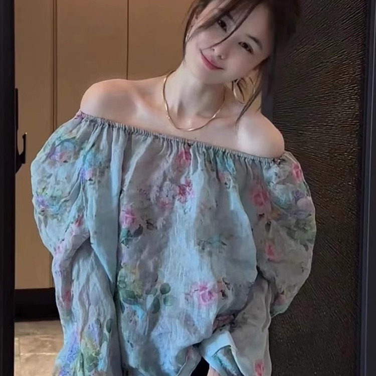 碎花衬衫女2026春季新款设计感一字肩长袖衬衣宽松百搭减龄上衣