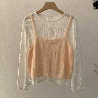 欧玛莱镂空方领针织吊带+蕾丝女