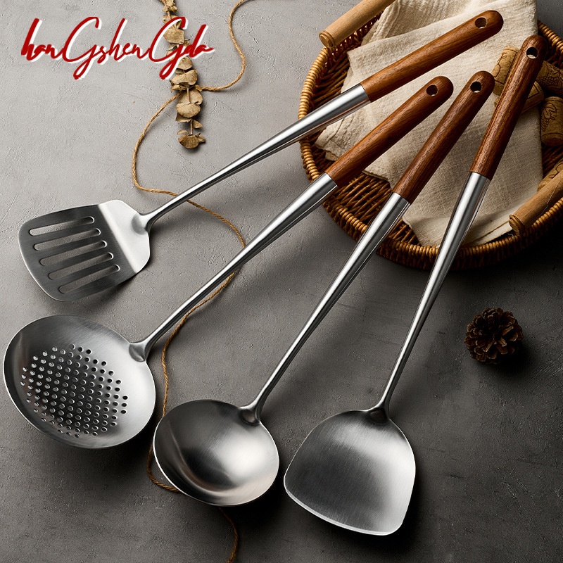 316L不锈钢炒勺厨师专用炒菜铲子木柄勺子家用长柄铁锅铲汤勺套装