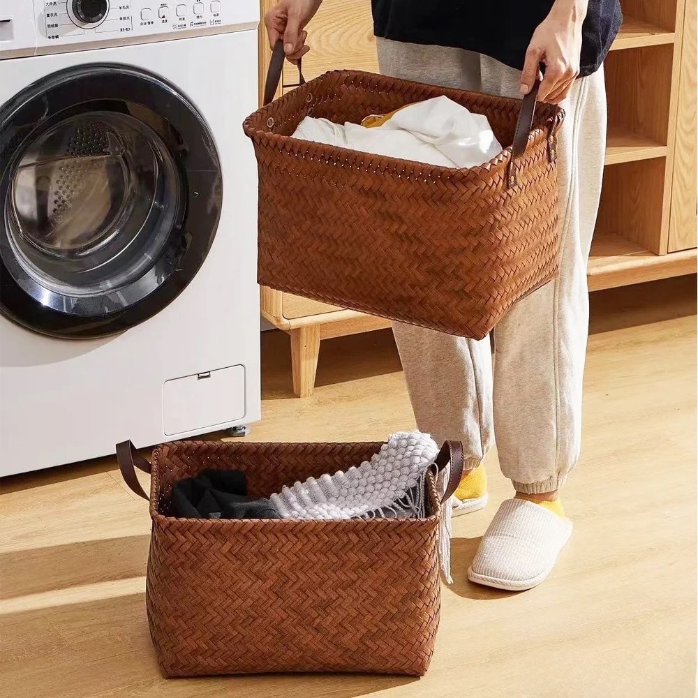 美式家用高级收纳筐脏衣服篮仿藤编织pu把手洗衣桶零食玩具脏衣篓