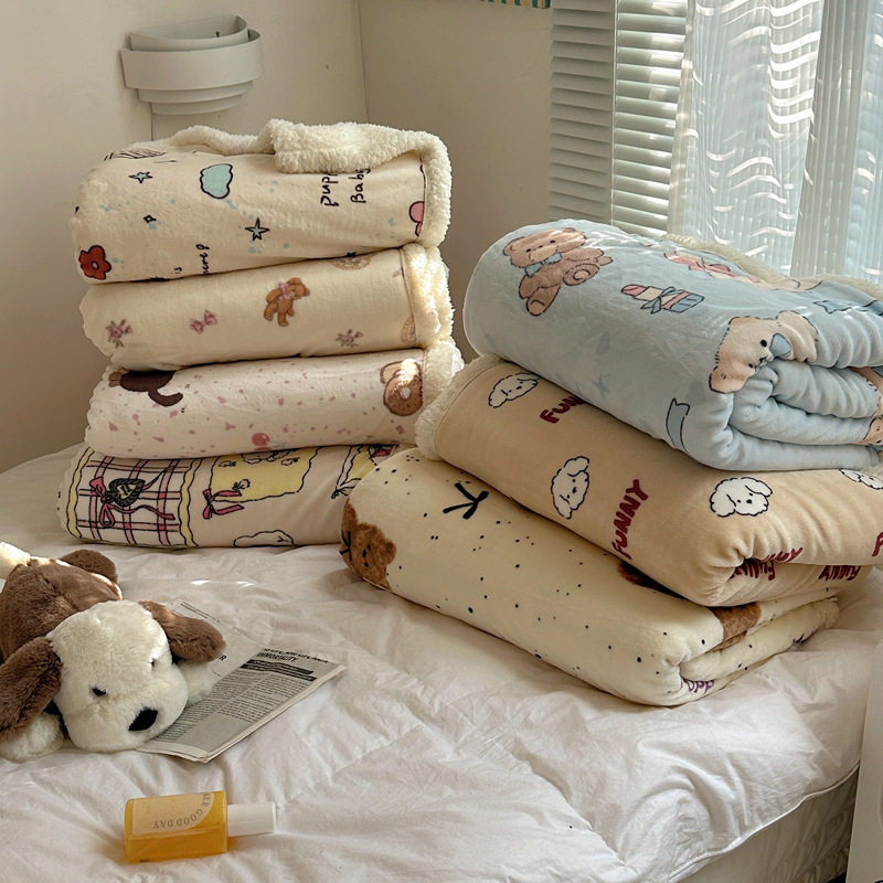 ins秋冬新款印花双层加厚牛奶羊羔绒毯办公室午睡盖毯沙发披肩毯+