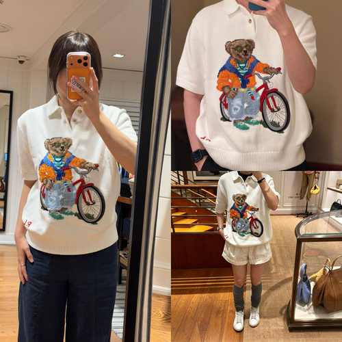 加拿大采购直邮RL拉夫小马标刺绣小熊自行车针织短袖翻领休闲毛衣