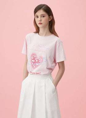 韩国代购直邮PLASTIC ISLAND折扣清仓时尚清爽休闲太空心印花T恤