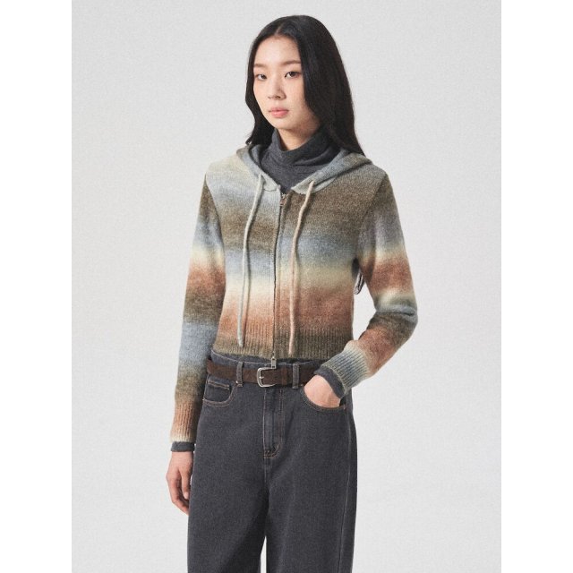 韩国代购直邮8秒8seconds正品4折扣清仓渐色拼色短连帽针织衫外套