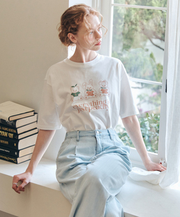 韩国代购直邮ZEROSTREET五折清仓女中长三只小熊图案宽松短袖T恤