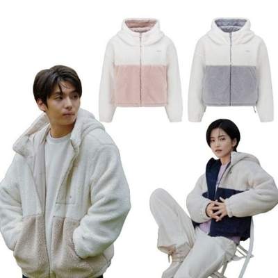 韩国代购直邮POLHAM折扣男女拼色双面穿绒毛秋冬连帽保暖夹克外套