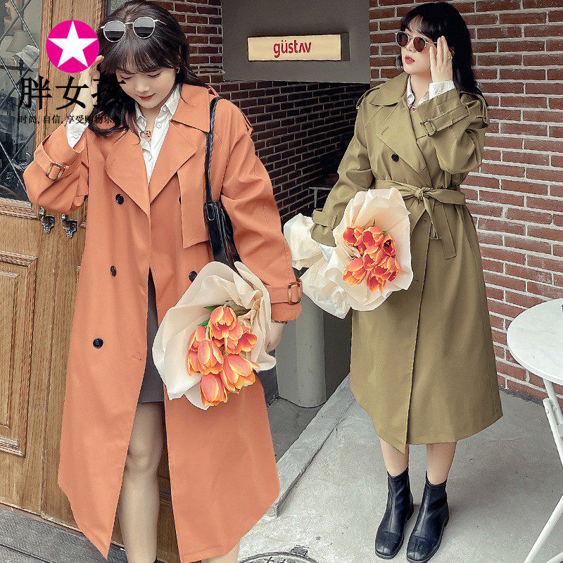 胖女孩特大码风衣女春新品胖mm加肥女装复古双排扣中长款外套宽松
