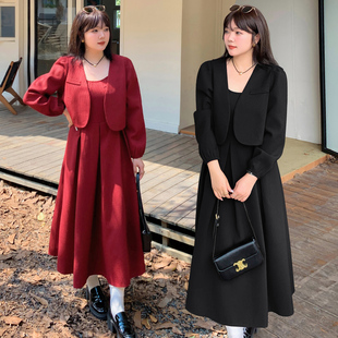 胖女孩秋装 加肥胖mm红色连衣裙微胖大码 敬酒服回门领证小红裙套装