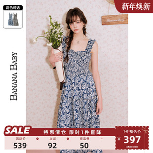 BANANA 度假风背心连衣裙女气质印花高腰长裙 BABY2025年新款