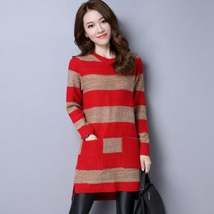 大款毛衣裙女秋冬套头前短后长针织打底衫韩版宽松中长款粗毛线衣
