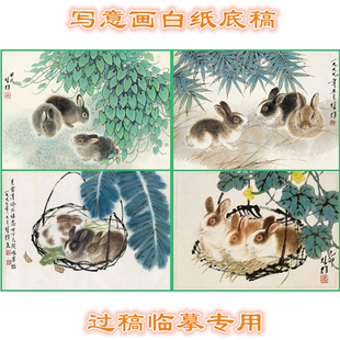 TZ18兔子小动物方楚雄写意画白描底稿线描画稿过稿临摹用横幅