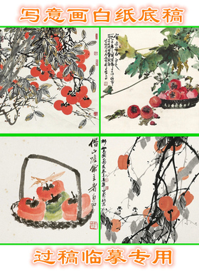 SZ12事事如意柿子瓜果写意画白描中国画花鸟底稿国画稿斗方