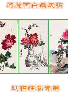 MD24国画牡丹写意画底稿画稿过稿临摹用条幅