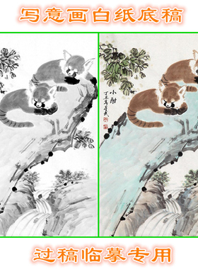 LXW23狸猫小动物写意画白描底稿实物打印画稿斗方
