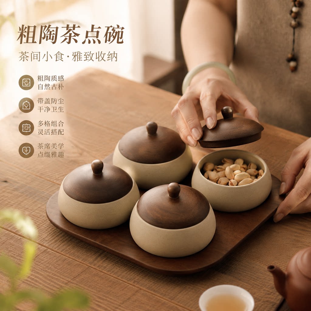 复古中国风禅意粗陶茶点碗陶瓷带盖水果盘碗家用客厅茶几分格点心