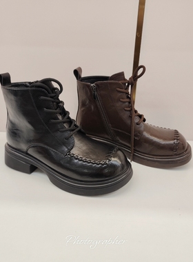 2025冬季巴宝秀同款短靴23666加绒平底马丁靴系带低跟软底女靴子