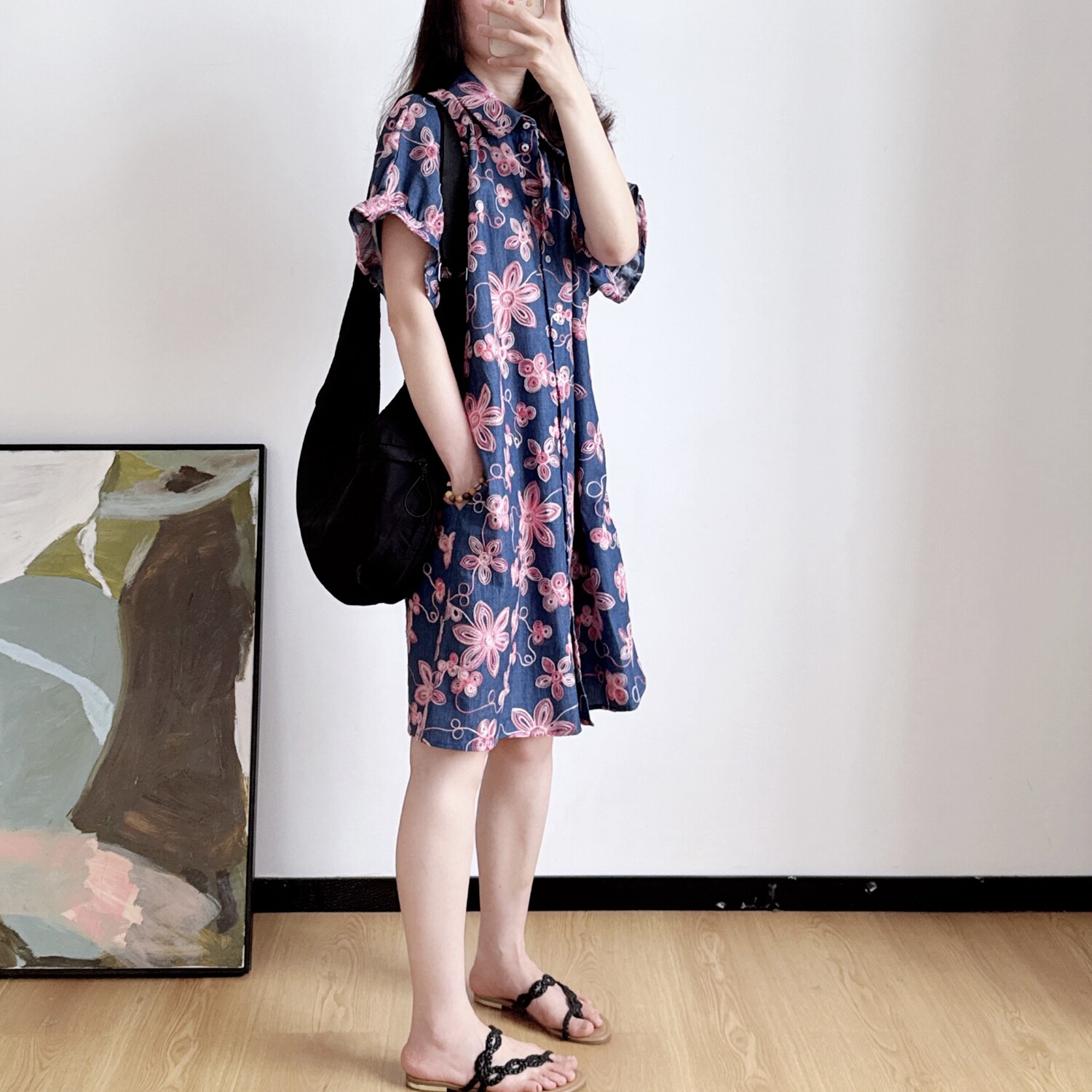 丹麦单复古重工刺绣棉麻翻领设计感宽松慵懒衬衫式女连衣裙 裙子