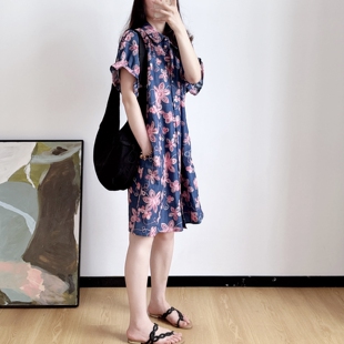 丹麦单复古重工刺绣棉麻翻领设计感宽松慵懒衬衫式女连衣裙 裙子