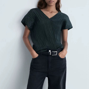 西班牙单复古轻熟风轻薄压皱韵味V领气质设计感无袖衬衫 女上衣