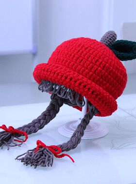 YOYO高端手作小辫子公主宝公主套头童帽秋冬纯手工加厚毛线苹果帽