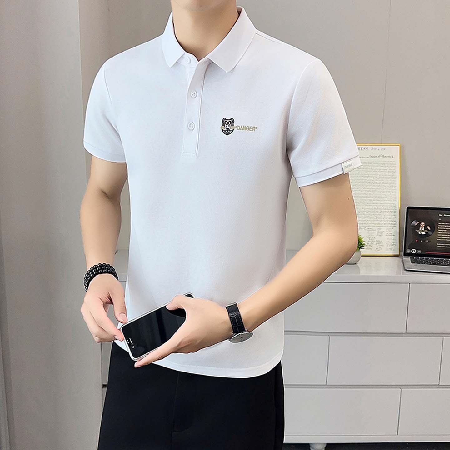 男士短袖polo衫夏季翻领修身透气休闲T恤白色百搭上衣