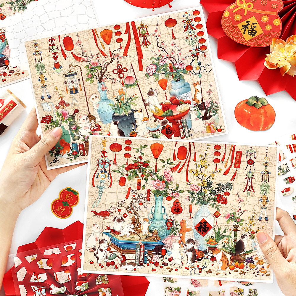 infeelme旧物修复师造景贴纸猫猫贺春微缩场景手工解压古风贴画