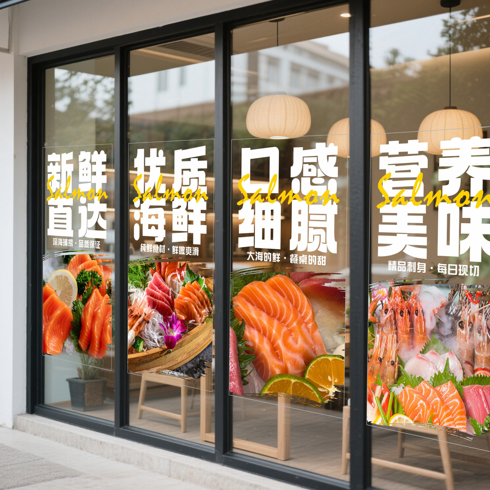 定制简约日式料理深海三文鱼现切刺身店铺橱窗玻璃门窗贴纸花装饰