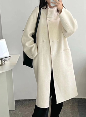 韩版立领双面羊绒大衣女中长款2022冬季新款宽松显瘦大牌羊毛外套