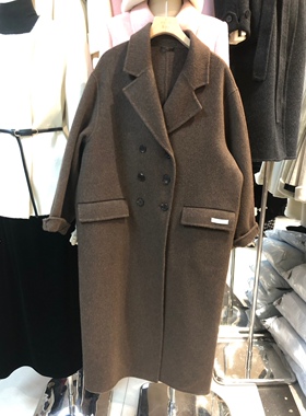 亚拉高级双面大衣女2023秋冬新款西装领双排扣长款宽松羊毛呢外套