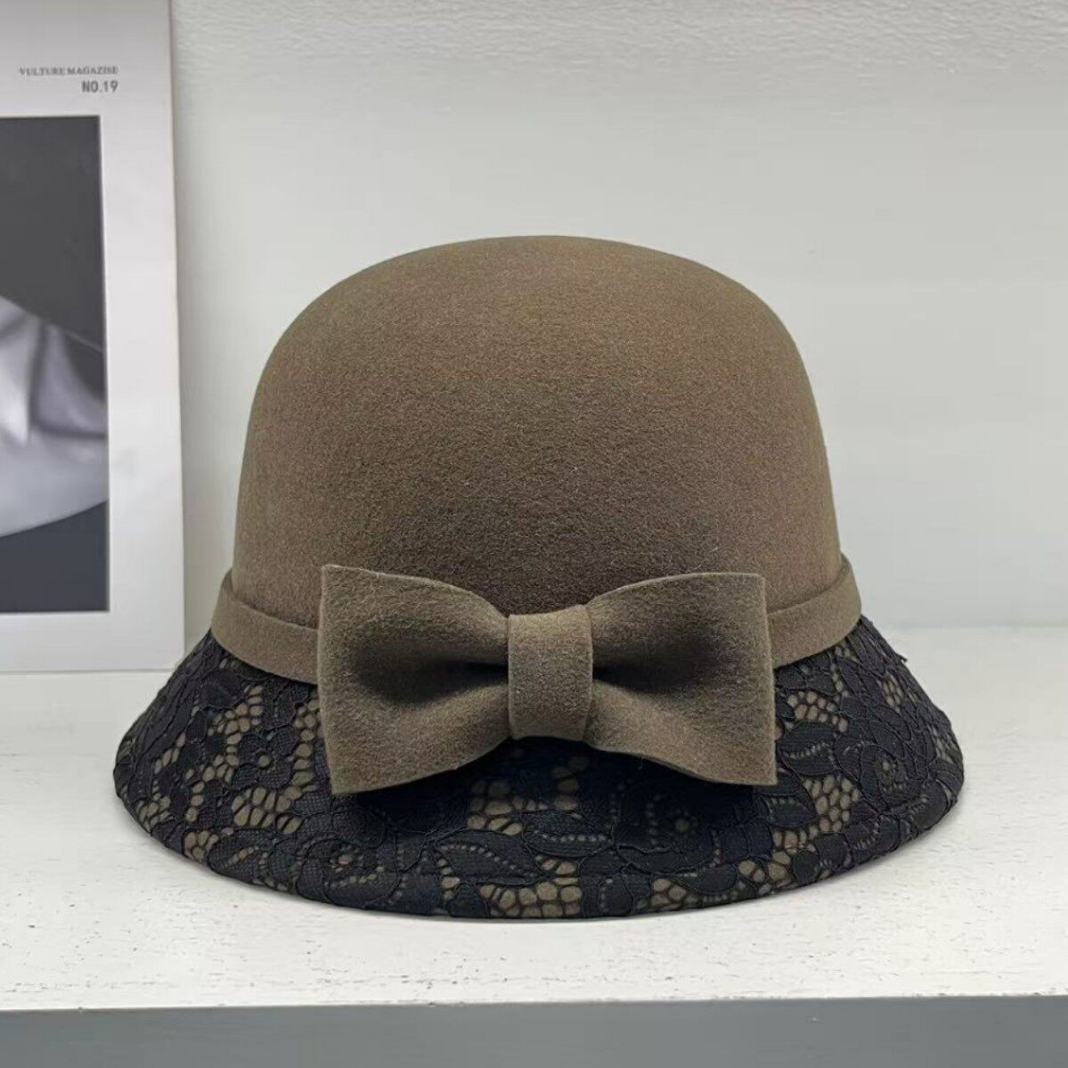 法式澳毛赫本风帽子女羊毛蝴蝶结渔夫帽优雅毛呢盆帽秋冬礼帽毡帽